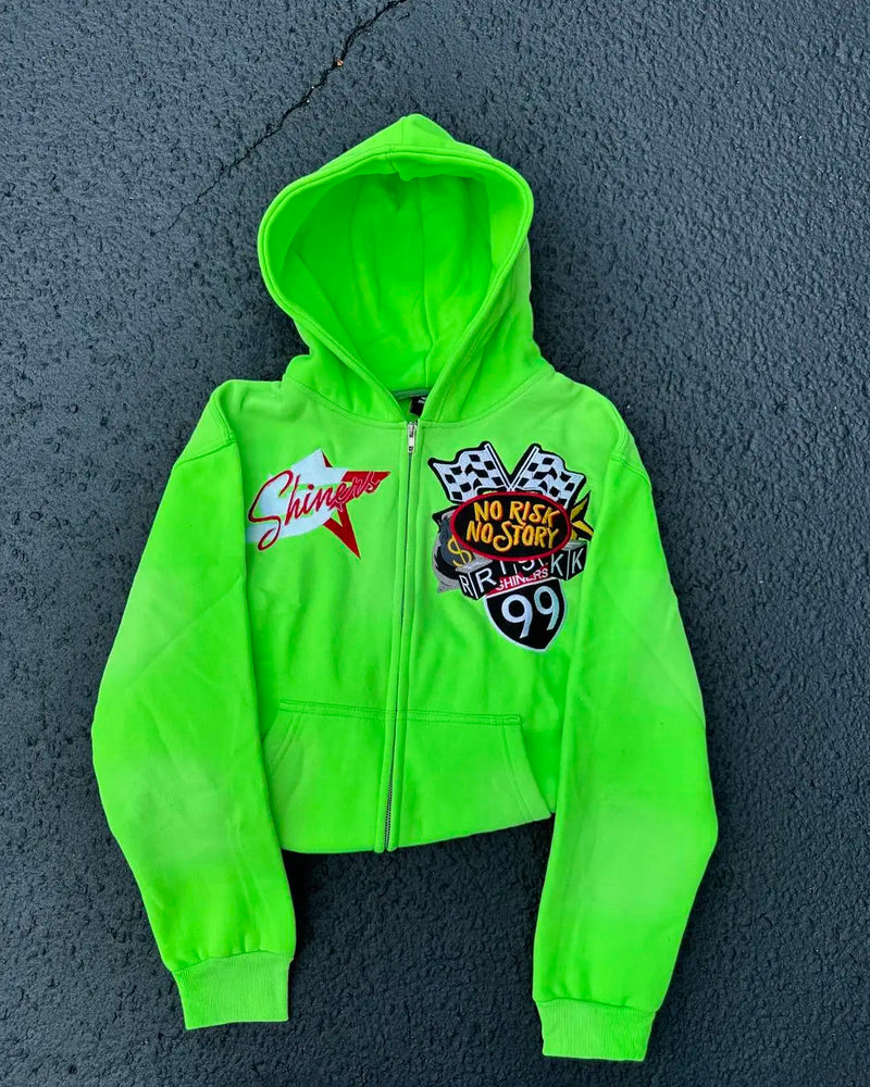 Gothic pattern hoodie Harajuku mens casual no story fluorescent green letter print retro Y2K hoodie street fashion outfit