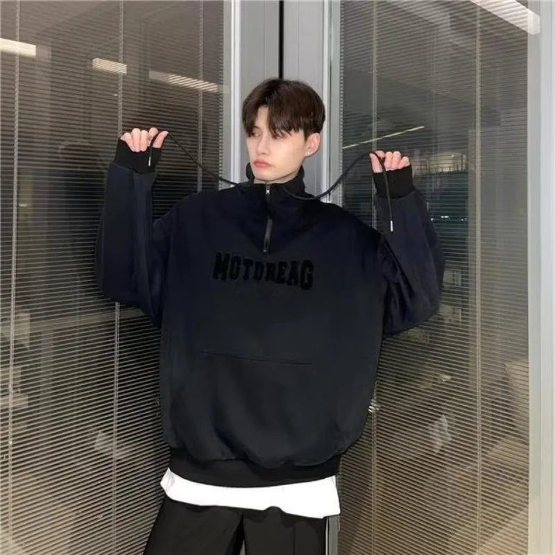 Street Half Zip Hoodie Mens Spring New Vintage Letter Embroidery Loose