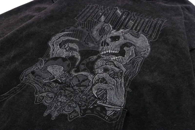 Men Hip Hop Hoodie Streetwear Vintage Skeleton Skull Devil Print Distr