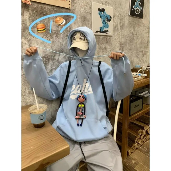 2024 New American Retro Ins Velvet Printed Hooded Sweatshirt Winter Warm Men and Women Personalized Y2K Street Hoodie Top