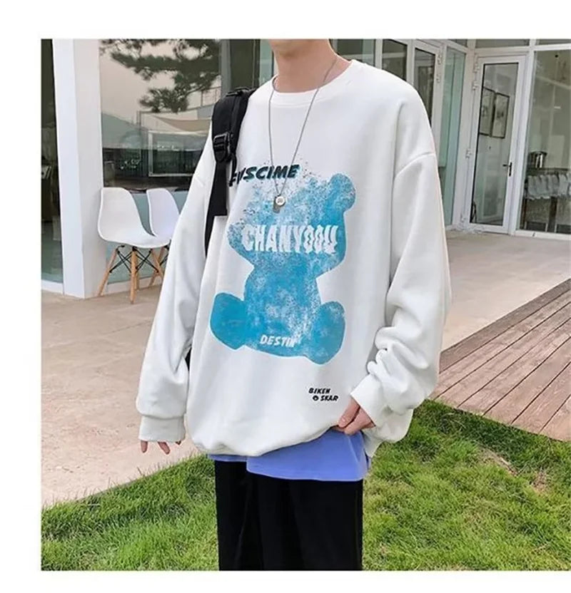 Graphic Blue Bear Kawaii Print Pullovers Hoodies For Men Autumn Fleece