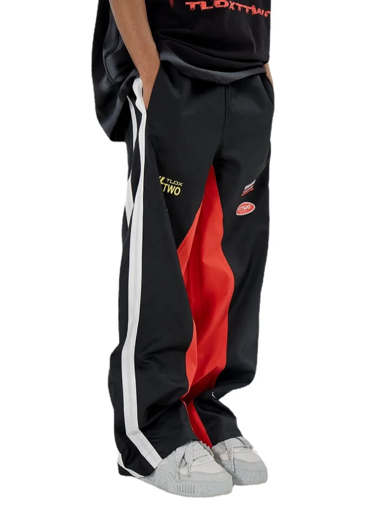 high street side striped spliced straight pants unisex elastic waist streetwear casual racing biker sportwear pants joggers men sporty tapered joggers