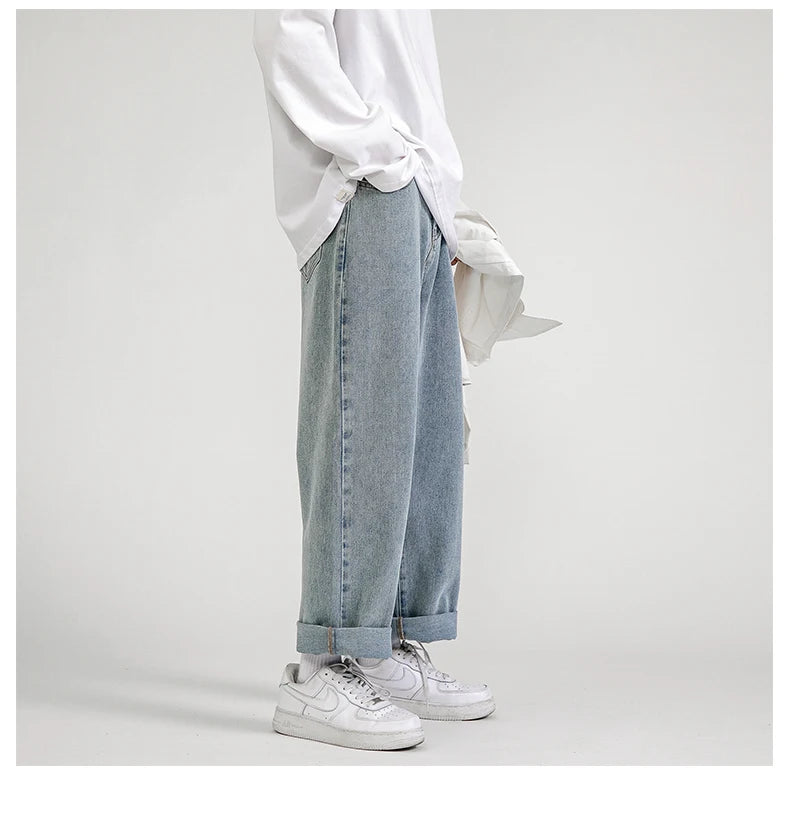 korean fashion mens baggy jeans classic all match solid color straight leg denim wide leg pants male light blue grey black unique jeans style 1130