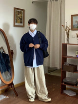mens casual 2 pcs sets fake two pieces cotton shirt corduroy street wide leg pants sets japanese college retro couples suit unique default style 4561