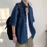 American summer thin denim shirt for men and women loose fit hip-hop short sleeved retro personality casual street top harajuku
