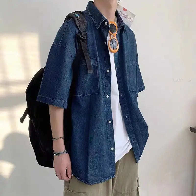 American summer thin denim shirt for men and women loose fit hip-hop short sleeved retro personality casual street top harajuku