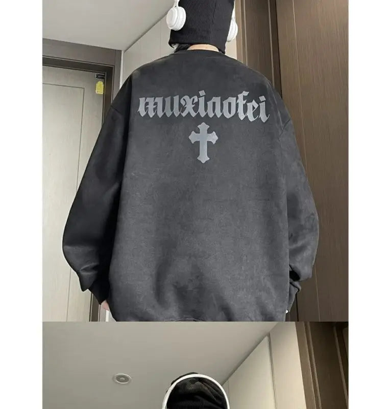 Winter Korean Trendy Suede Sweatshirt for Men in Autumn New Y2K American High Street Handsome Long-sleeved Couple Printed Top