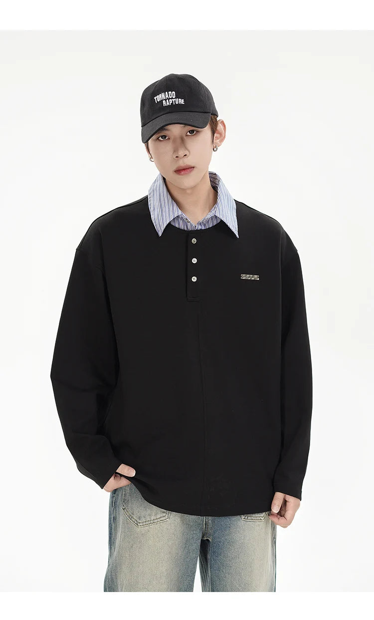Anime Barcode glitch – Splice Stripe Collar Polo Shirts Men Streetwear Fashion Hip