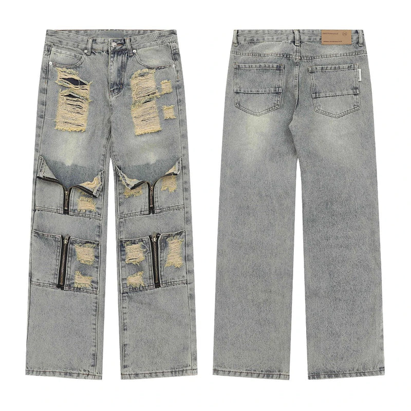 high street zipper open decoration biker jeans women ripped denim straight jean pant men motorcycle trouser unisex hip hop pants unique jeans style 3662