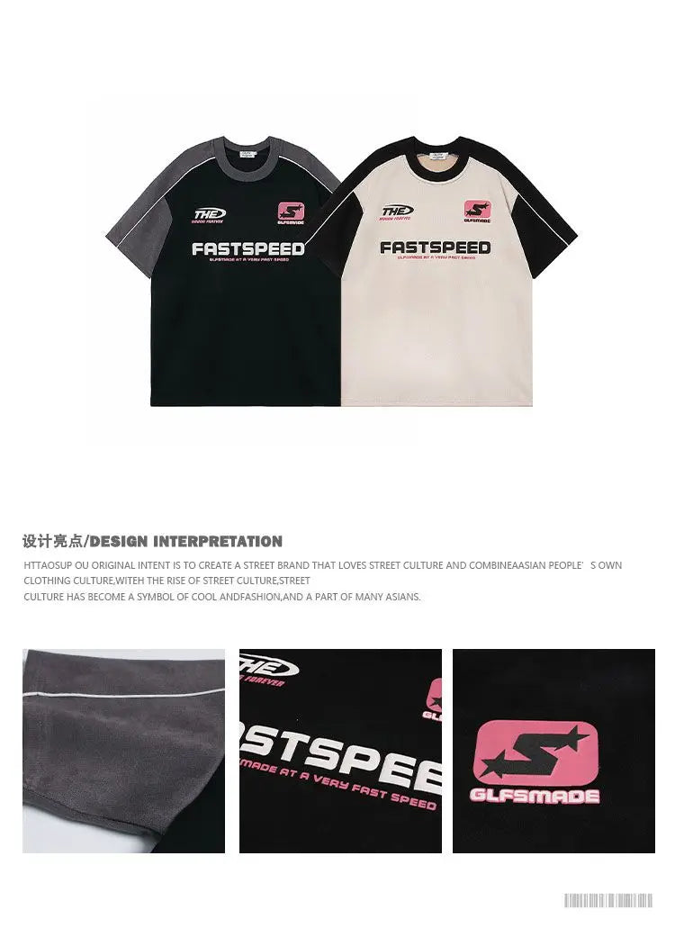 Glitchcore Graphic tee – American Retro National Trend Letter Printed Suede Short Sle