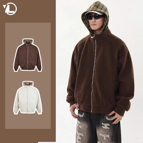 American Hoodie Mens Detachable Hat Grid Pattern Color Block Loose Fak