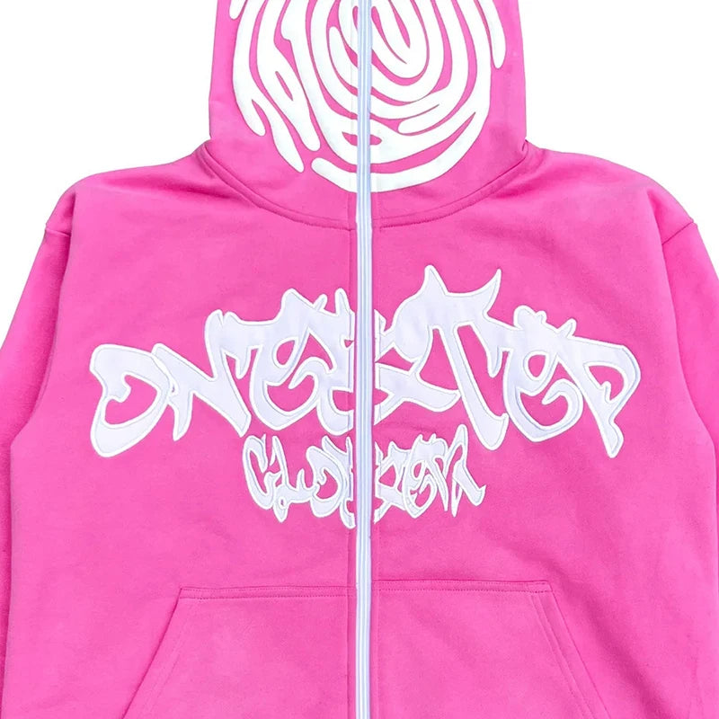 Y2K Zip Hoodie Irregular Pattern Goth Pullover Gothic Long Sleeve Over