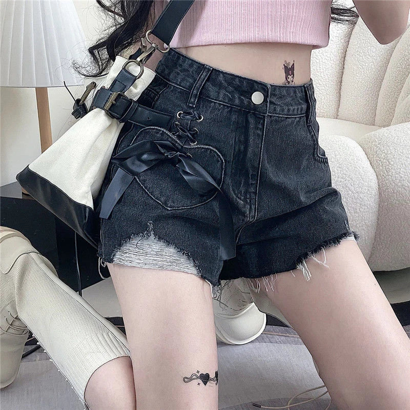 high waist women denim shorts summer fashion bow loose shorts korean casual female streetwear all match ripped pants unique jeans style 1305