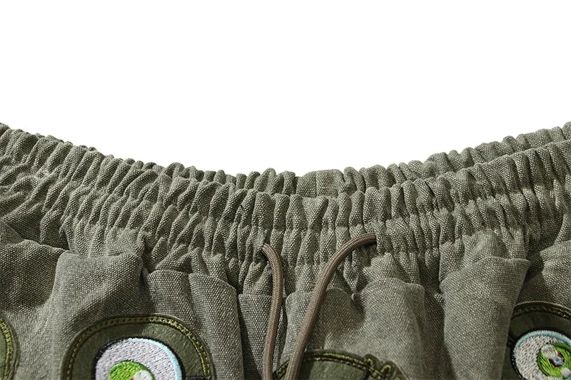Japanese Eyes Embroidery Washed Military Green Worn Canvas Shorts for Men Summer Pockets Baggy Cargo Short Oversized