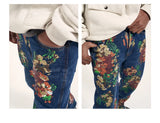 graffiti floral printed denim jean mens new casual zipper biker jeans fashion high street slim fit pants joggers hip hop jeans unique joggers style 1573
