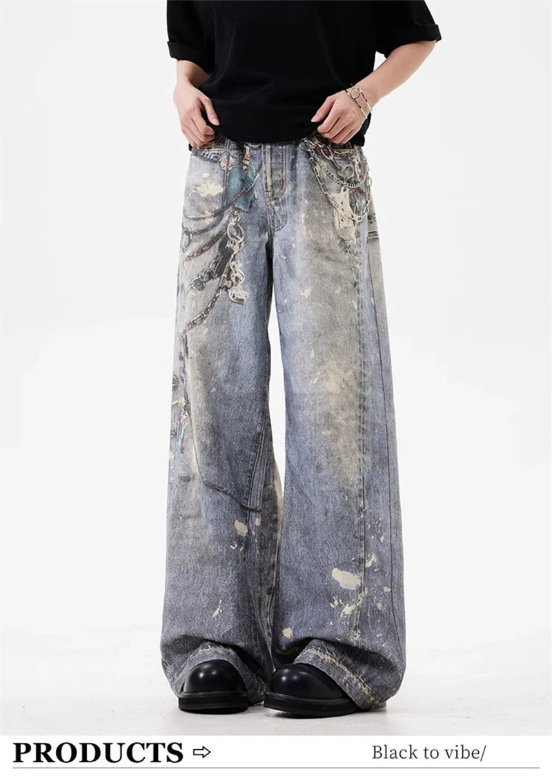 new 3d chain printed baggy jeans for men and women casual baggy straight denim pants high street wide leg y2k blue jean unique jeans style 436