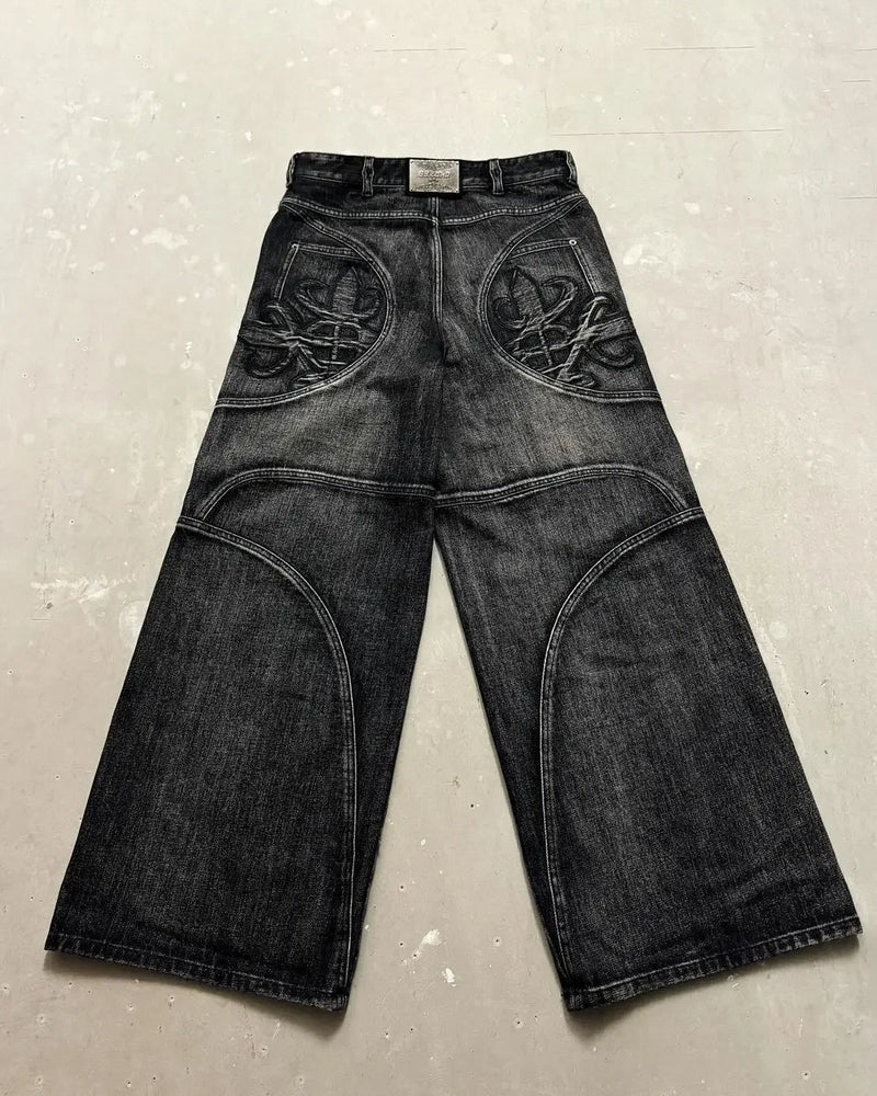 y2k baggy jeans women hip hop goth retro high waisted jeans black slouchy oversized embroidery pattern denim pants streetwear unique jeans style 603