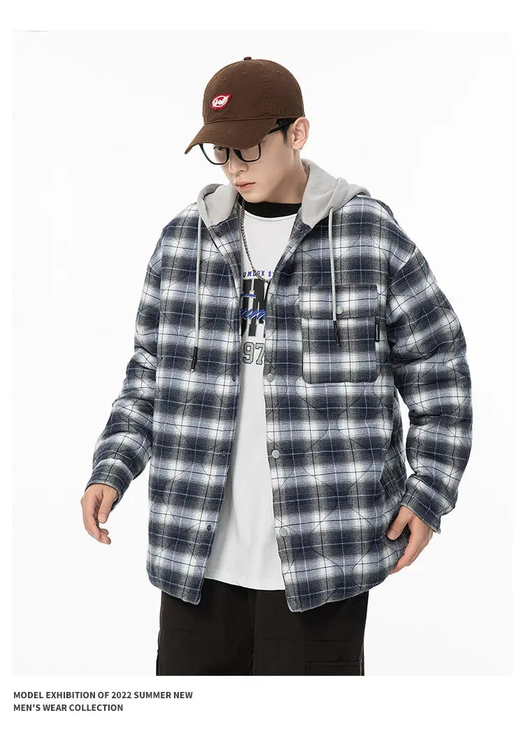 Winter Quilted Thick Plaid Hooded Jacket Men Wmen Streetwear Fashion Oversize Loose Casual Hoody Jacket Padded-cotton Parka Coat