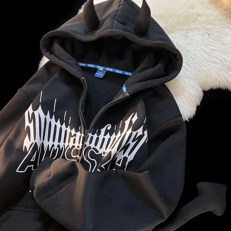 Y2K Kawaii Devil Horn Tail Hip Hop Badge Print Hoodies Cardigan Couple