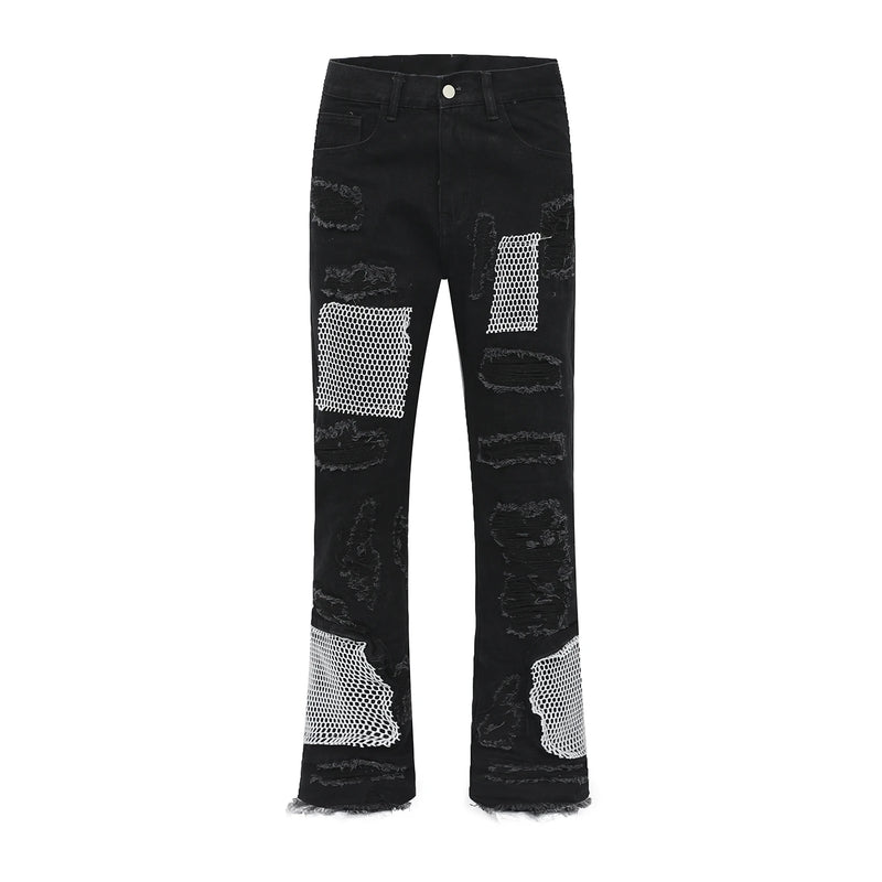 distressed skinny flared micro flare jean for mens mesh big destroyed ripped denim jeans hip hop biker jeans pants male vintage washed jeans
