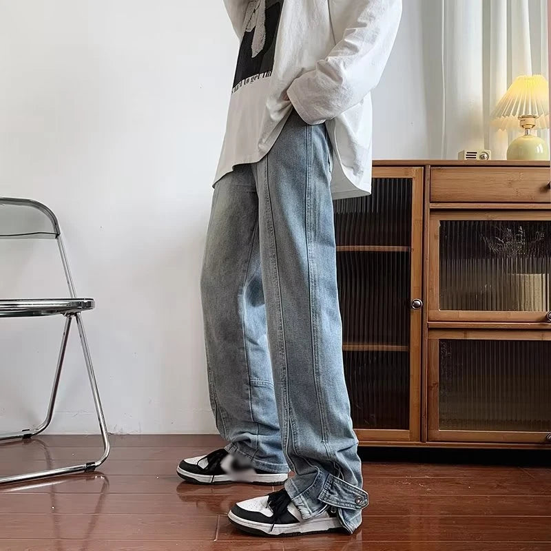 2023 korean fashion ankle zipper vintage brown men jeans pants luxury straight hip hop casual denim trousers pantalones hombre unique jeans style 234