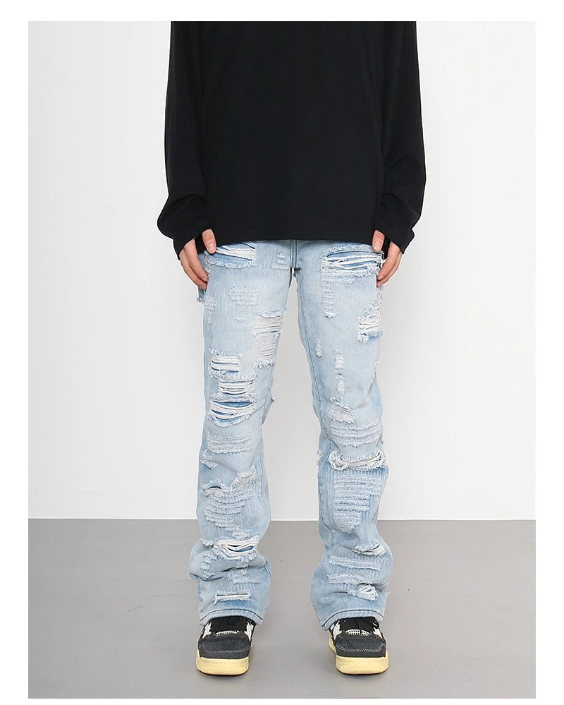 men distressed ripped destroied holes denim jean pants fashion zipper biker jeans streetwear flare pants joggers y2k men s jeans unique joggers style 3798