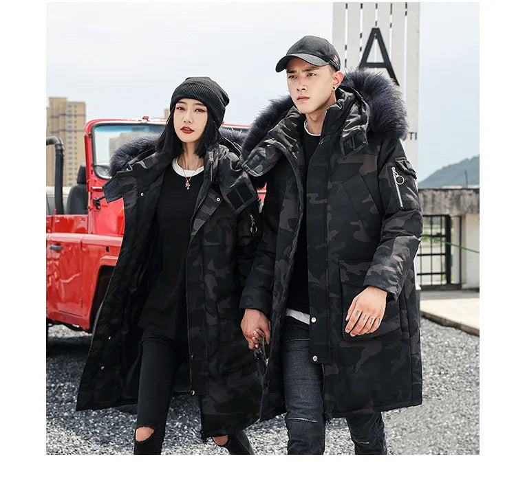 Korean Style Winter Long Parka Coat Men Woman Down Jacket Clothing Hooded Fur Collar Thicken Warm Leisure Lovers Overcoat