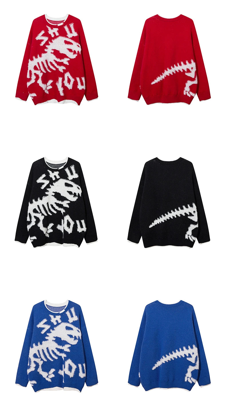 hip hop knitted sweater mens o neck dinosaur pattern fake two pieces pullover streetwear casual loose sweater jumper knitwear - gothic aesthetic hoodie for winter, bold artwork streetwear hoodie, 2025 streetwear drop