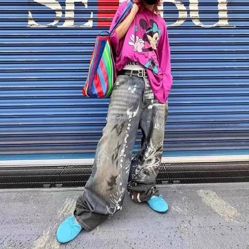 graffiti handdrawn damaged wash baggy jeans for men and women straight streetwear y2k denim trousers pantalones hombre cargos baggy cargo bottoms