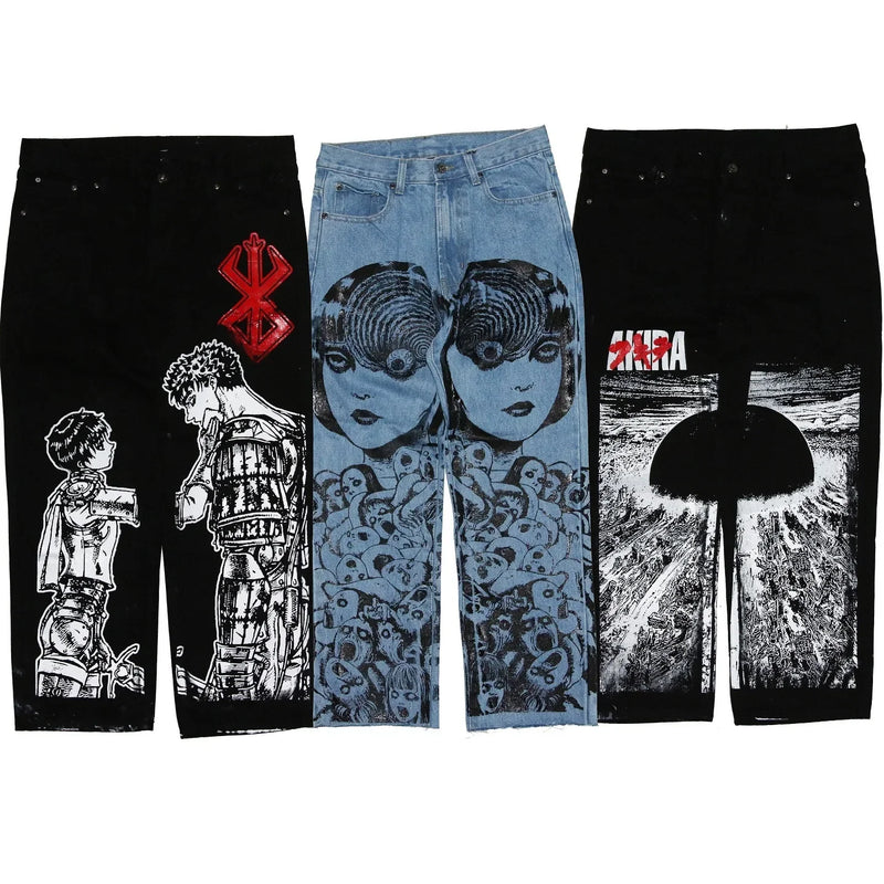 harajuku popular anime kokushibo print baggy jeans new style wide leg trouser y2k streetwear for men women high waist pants unique jeans style 4320