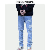 mens high street paisley print denim jeans casual hip hop distressed jeans slim fit skinny denim pants joggers streetwear men relaxed fit joggers