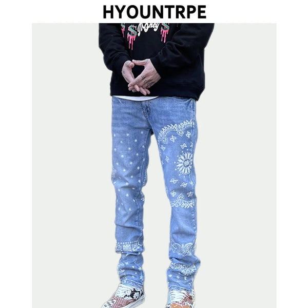 mens high street paisley print denim jeans casual hip hop distressed jeans slim fit skinny denim pants joggers streetwear men relaxed fit joggers