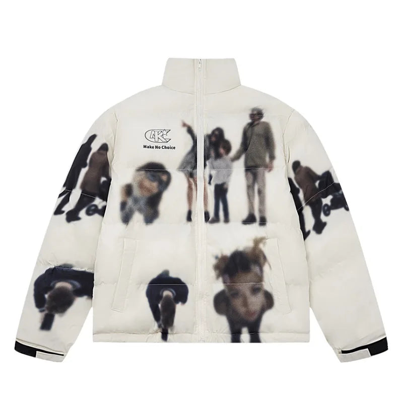 Hip Hop Jacket Parka Human Graffiti Print Men Winter Windbreaker Streetwear Harajuku Padded Jacket Coat Warm Outwear Hipster New