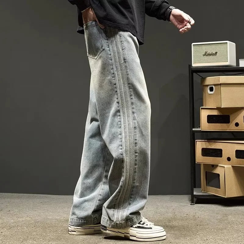 elastic waist baggy jeans for men side striped wide leg denim pants korean fashion casual trousers y2k vintage jean hombre ripped baggy denim