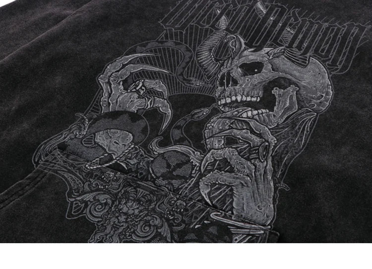 Hip Hop Streetwear Hoodie Sweatshirt Washed Vintage Devil Skull Skelet