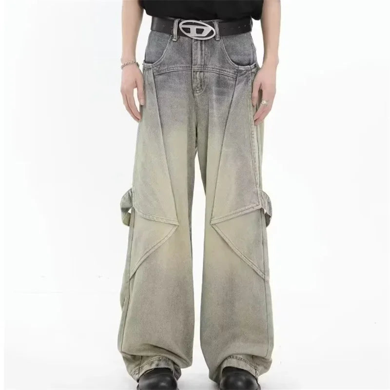 2024 new hip hop wide leg jeans for men washed distressed baggy denim trousers high street deconstruction cargo jean y2k pants military streetwear pants