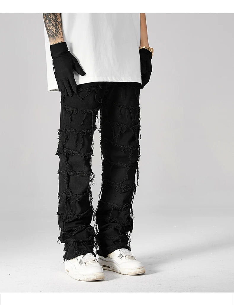 destroyed ripped pieced patchwork denim jean pants casual straight biker trousers mens fashion y2k hip hop streetwear joggers unique joggers style 530