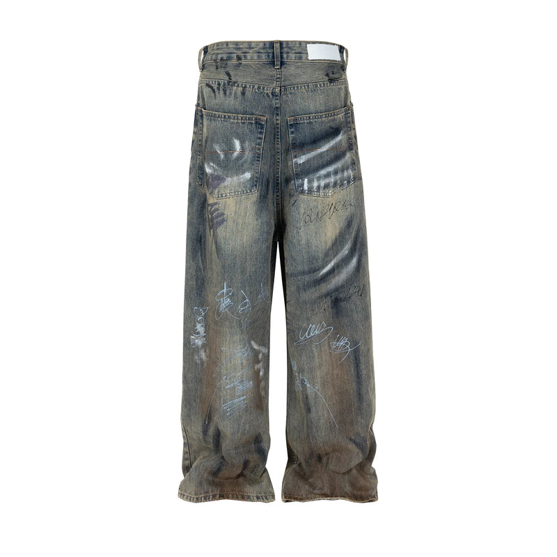 graffiti handdrawn damaged wash baggy jeans for men and women straight streetwear y2k denim trousers pantalones hombre cargos utility cargo pants