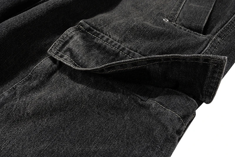ro style ribbons wide leg multi pockets smoke grey baggy jeans for men straight pantalones hombre drawstring denim trousers unique jeans style 1210