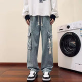 american retro and personalized straight leg jeans for men and women with hiphop big pocket design work pants loose casual pants vintage washed jeans