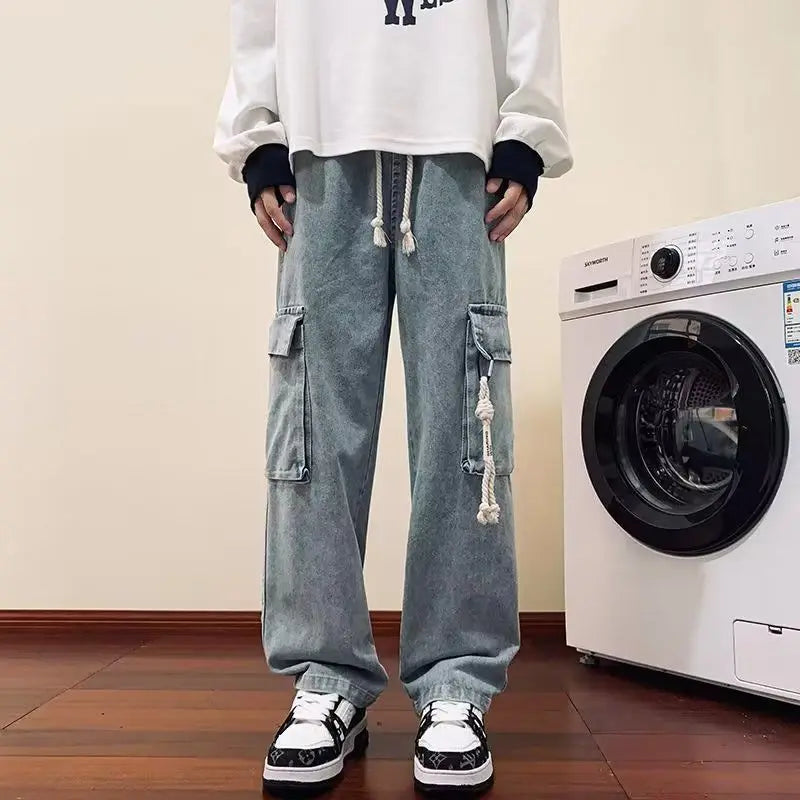 american retro and personalized straight leg jeans for men and women with hiphop big pocket design work pants loose casual pants vintage washed jeans