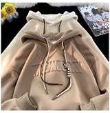 Embossed Letters Casual Hooded Sweatshirt Basic Colours Drawstring Cla