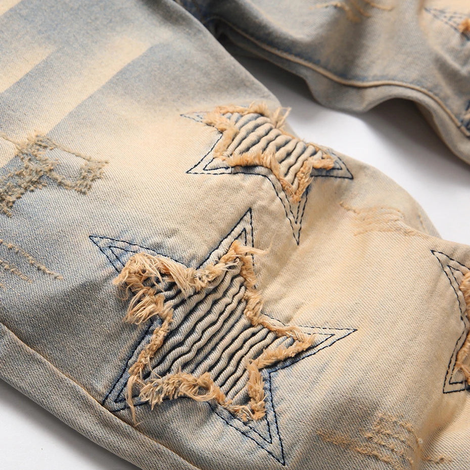 star splicing men jeans vintage blue straight denim pants y2k streetwear man fashion jeans trousers ripped baggy denim