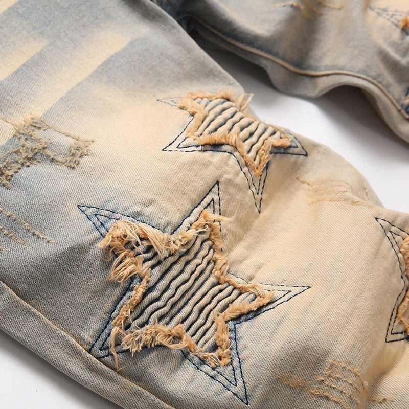 star splicing men jeans vintage blue straight denim pants y2k streetwear man fashion jeans trousers ripped baggy denim