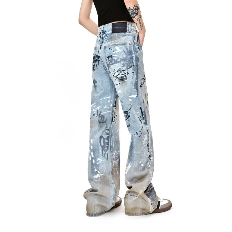 men baggy jeans graffiti printed loose straight denim pants luxury designer jeans male streetwear hip hop jeans trousers y2k denim street jeans