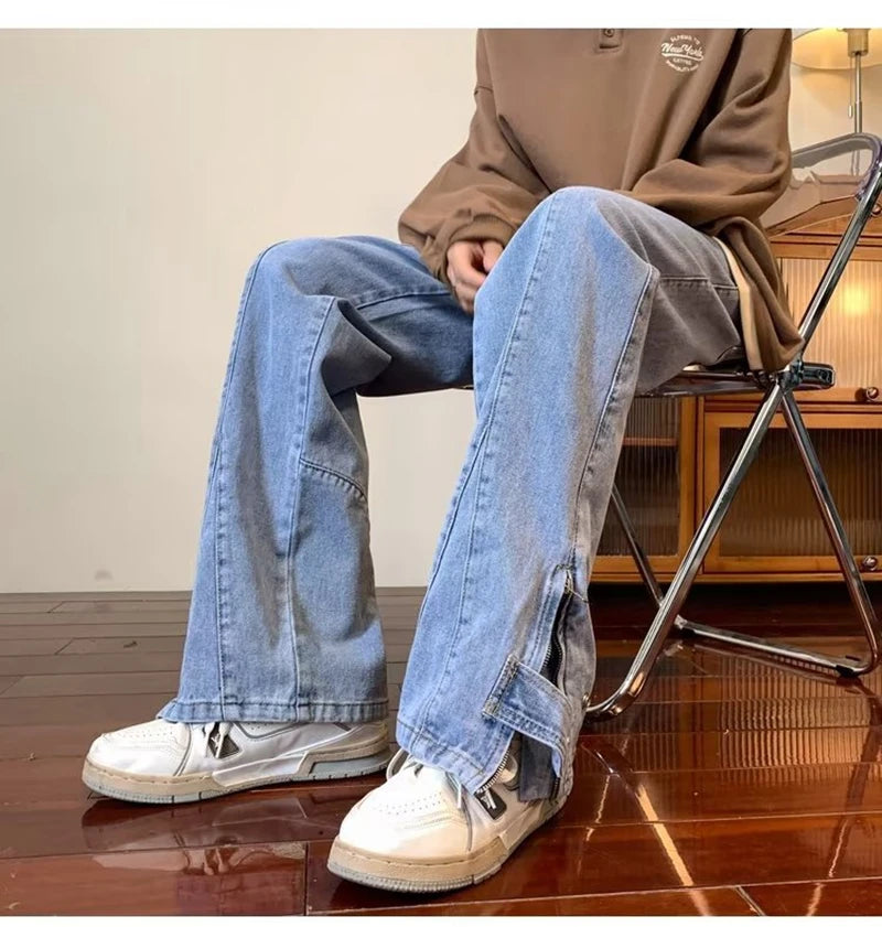 2023 korean fashion ankle zipper vintage brown men jeans pants luxury straight hip hop casual denim trousers pantalones hombre unique jeans style 249