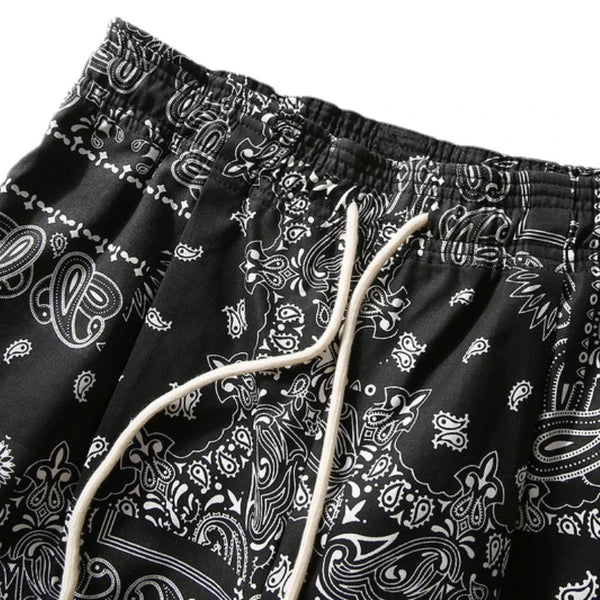 Mens Paisley Printed Shorts Hip Hop Loose Elastic Waist Sweat Shorts Casual Harajuku Drawstring Streetwear Sportswear Joggers