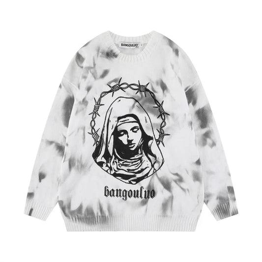 varsity flame pullover for men with bold graphic knit design, perfect for 2025 fashion, street fashion menswear trend for sea