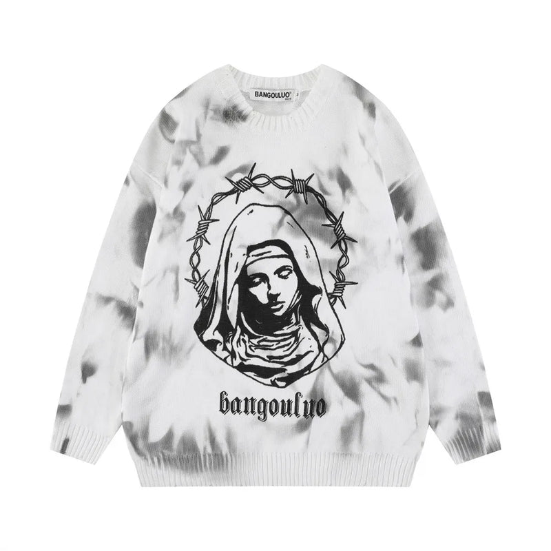 varsity flame pullover for men with bold graphic knit design, perfect for 2025 fashion, street fashion menswear trend for sea