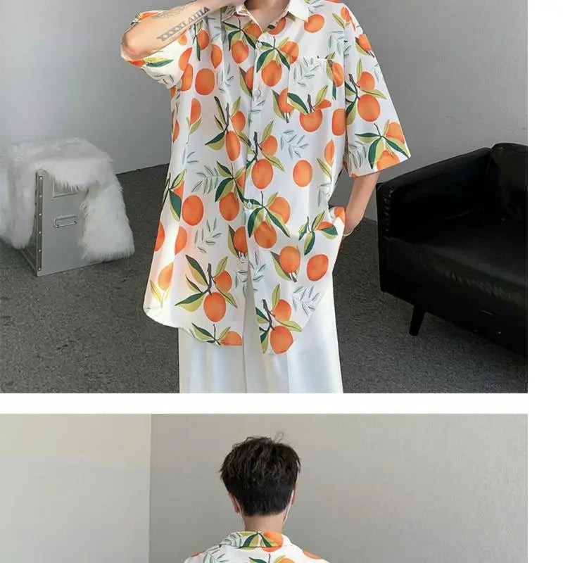 Gothic Streetwear – Orange Cute Fruit Peaches Full Print Shirts Loose Half Sleev – Modern Streetwear for Everyone